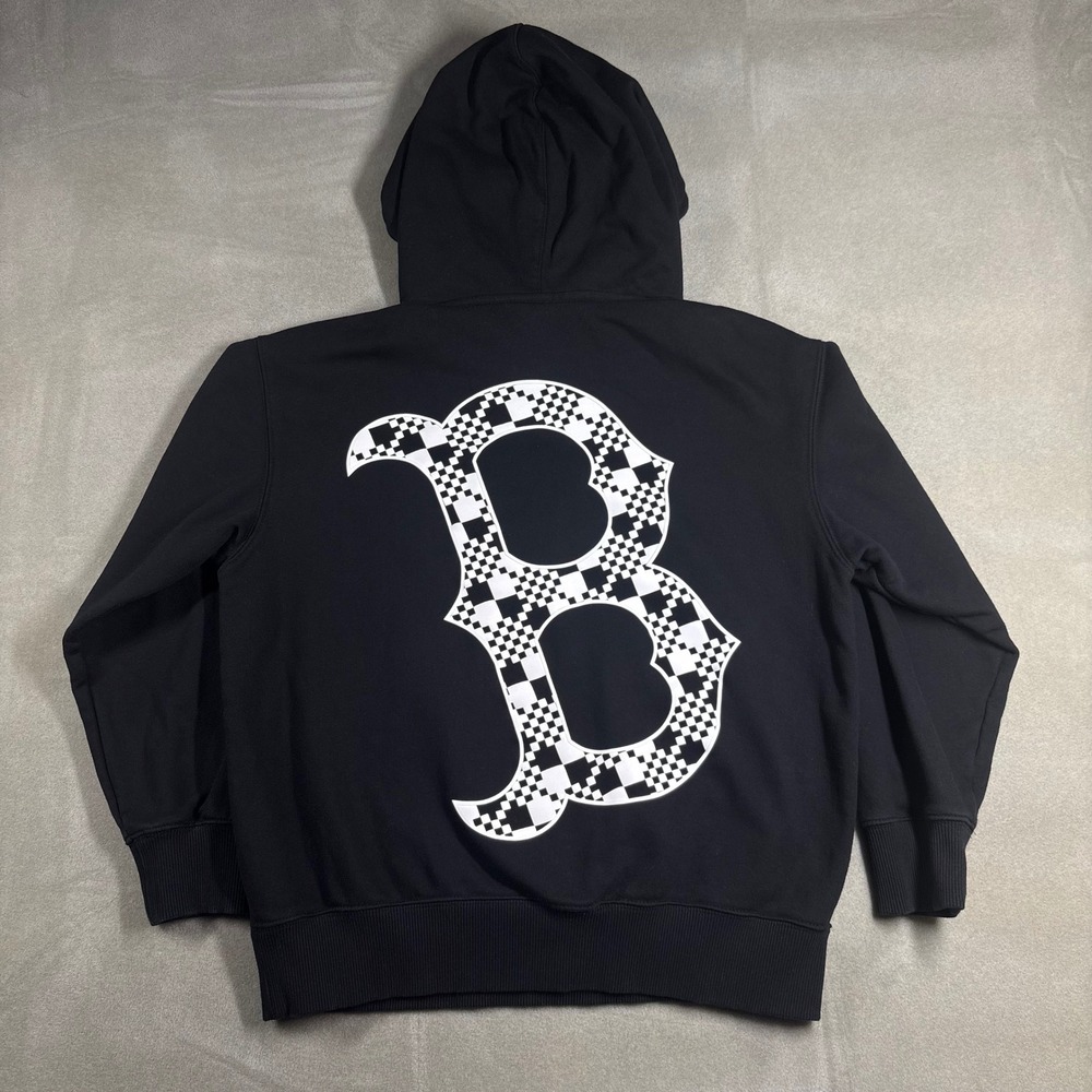 MLB Boston Red Sox Hoodie Black Checkered Logo Pullover Sweatshirt Mens XS